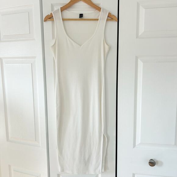 SHEIN White Ribbed Sleeveless Midi Tank Dress Size M V-Neck Side Slit EUC - Picture 2 of 6